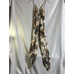 Jumpsuit Woman's S Ivory Floral Cotton Casual Summer Split Legs Elastic Waist